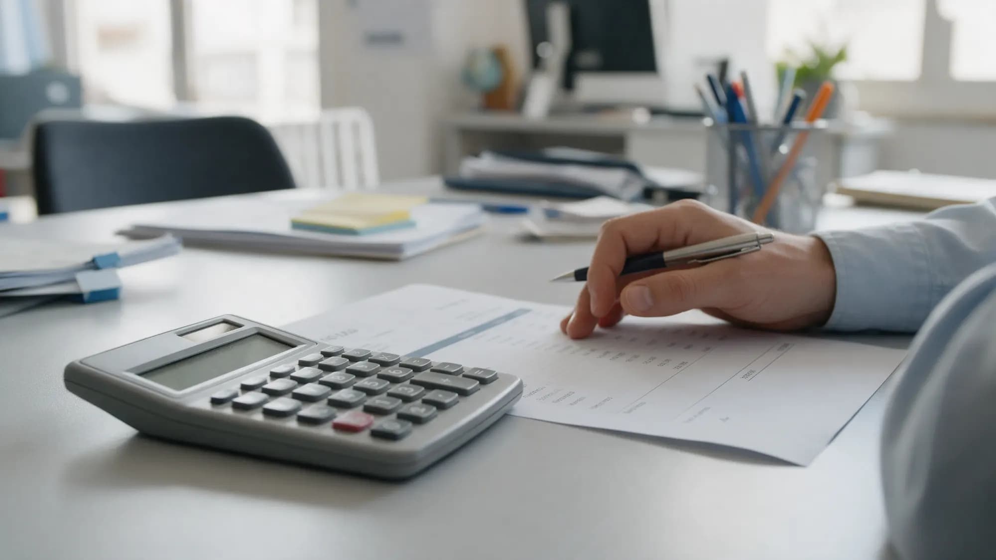 Mano con un bolígrafo revisando un presupuesto impreso junto a una calculadora sobre una mesa de oficina