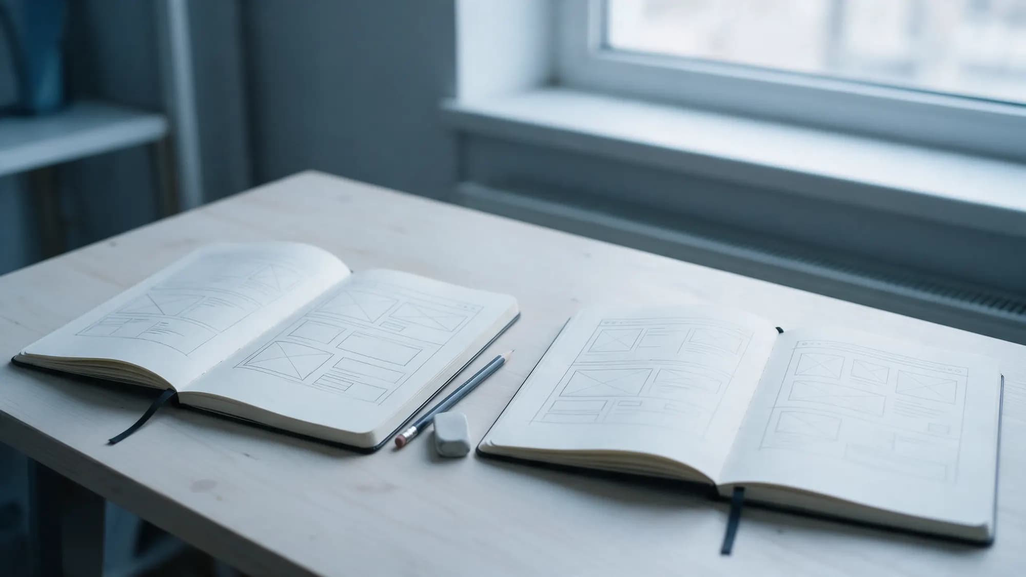 Dos cuadernos abiertos con bocetos a lápiz de páginas web, uno junto al otro para compararlos