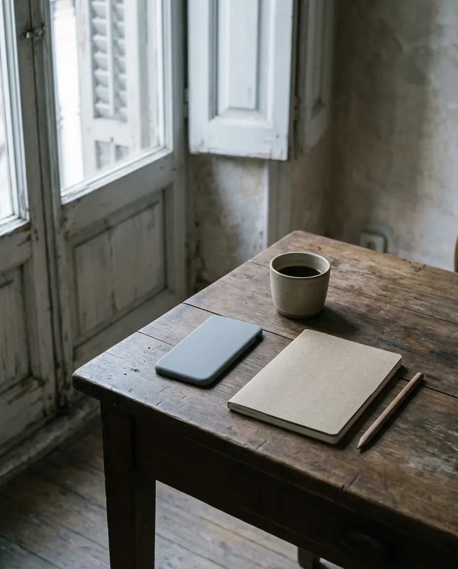 Mesa de madera junto a una ventana con un móvil boca abajo, una libreta cerrada, un lápiz y una taza de café